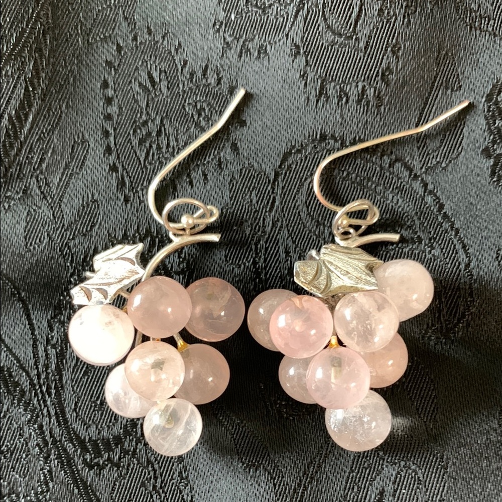 Vintage Rose Quartz Beaded Grape Clusters with 925 Silver Leaf and Trim
